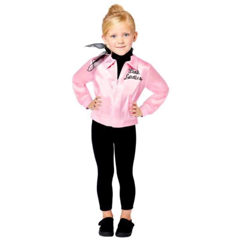 Pink Lady jacket for kids ages 10-12, featuring a shiny finish and classic style for Halloween or themed parties.