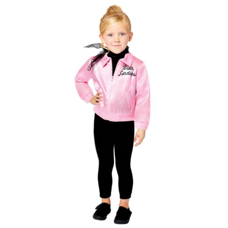 Pink Lady costume for kids ages 4-6 features a chic jacket, stylish leggings, and a trendy neck scarf for retro fun.