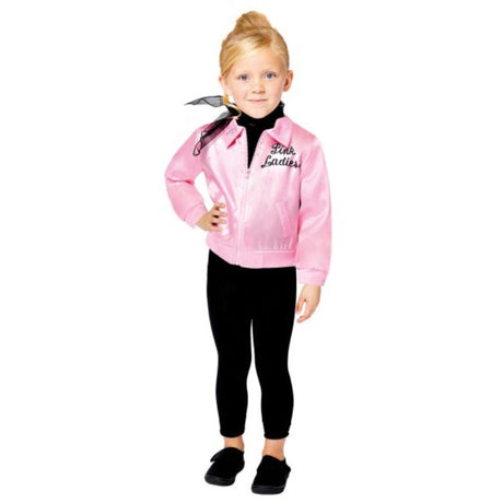 Costume Grease Pink Lady for 6-8 years featuring a pink jacket, leggings, and neck scarf, perfect for themed parties and dress-up.