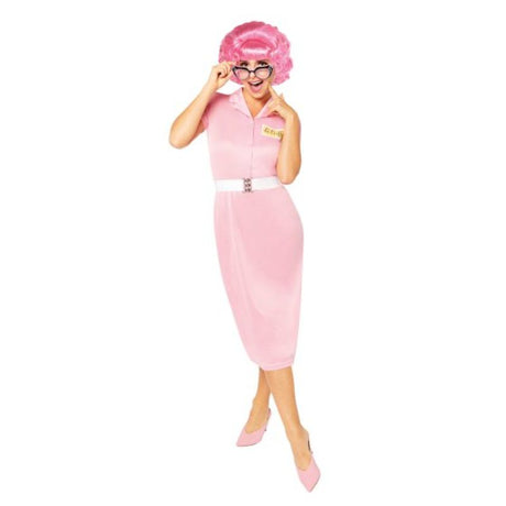 Costume Grease Frenchy dress in vibrant pink for women size 16-18, complete with stylish belt for themed parties and events.