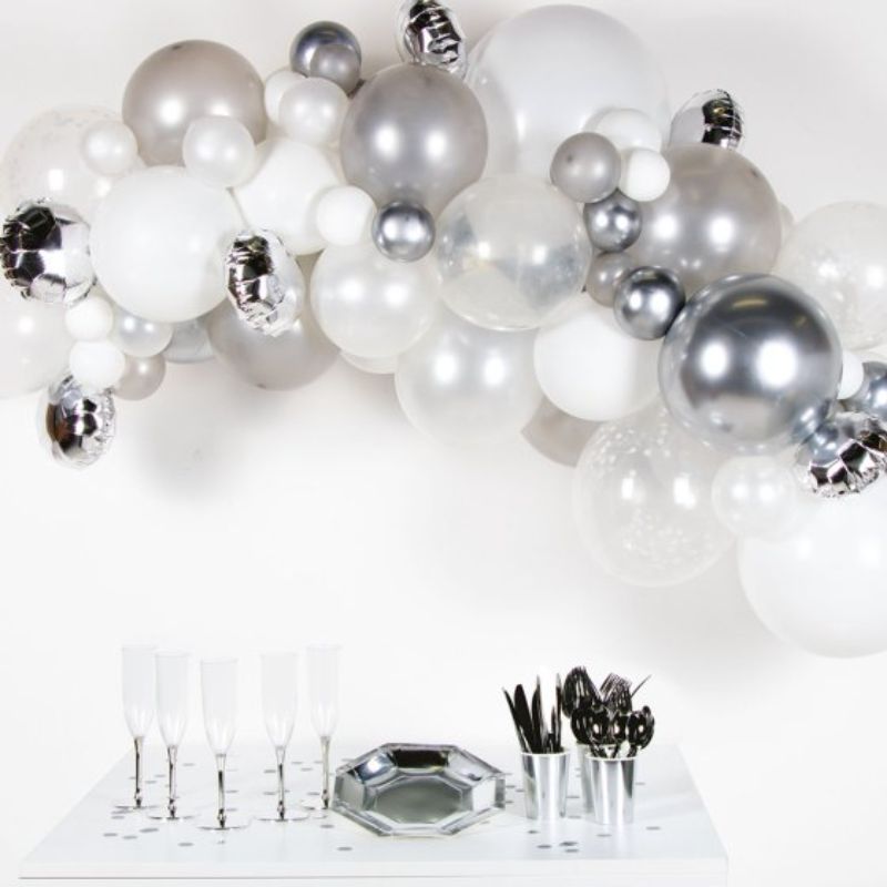 Silver balloon garland kit with 66 balloons, perfect for elegant party decor and easy DIY assembly.