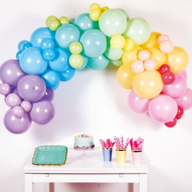 Colorful balloon garland kit with 78 pastel latex balloons, perfect for festive celebrations and easy assembly.