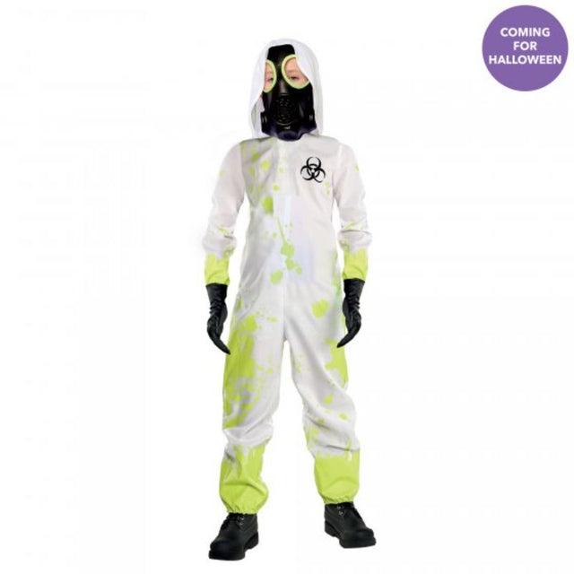 Bright yellow hazmat costume for boys aged 10-12, featuring hood and mask for imaginative play and dress-up fun.