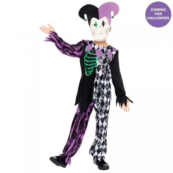 Whimsical Costume Jester Boy for ages 4-6, featuring colorful top, trousers, and classic jester mask for imaginative play.