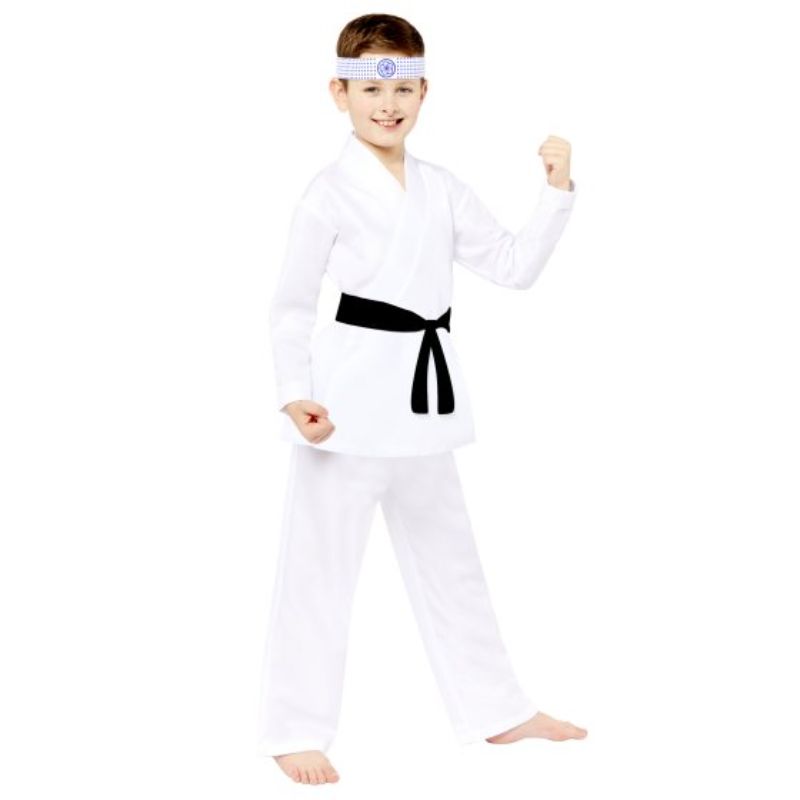 Karate costume for kids aged 8-10 with top, trousers, belt, and headband, perfect for imaginative play and themed events.