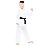 Karate costume for kids aged 8-10 with top, trousers, belt, and headband, perfect for imaginative play and themed events.