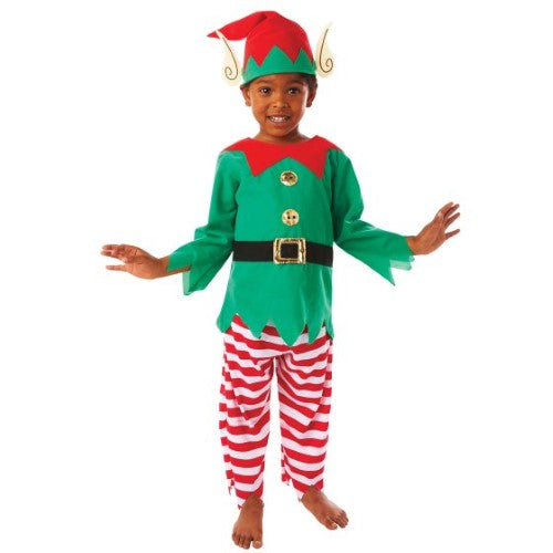 Child's elf costume for ages 8-10, featuring a top, trousers, and whimsical hat with ear detailing for festive celebrations.