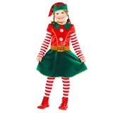 Adorable green and red elf dress with coordinating hat for girls aged 3-4, perfect for Christmas and festive celebrations.