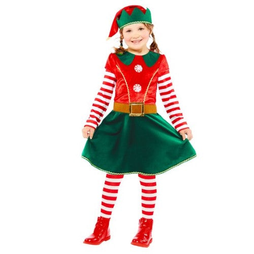 Bright green and red elf dress for girls aged 6-8, complete with a matching hat, perfect for festive celebrations.