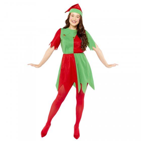 Vibrant green women's elf costume with dress and hat, perfect for festive holiday celebrations and gatherings.