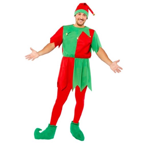 Men's XL elf costume with green tunic and matching hat, perfect for holiday parties and festive gatherings.