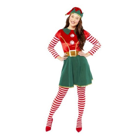 Festive green elf costume for women size 18-20, featuring red accents and a whimsical hat for holiday celebrations.