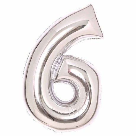 Large silver foil balloon in the shape of the number 6, measuring 56cm wide by 92cm high, perfect for celebrations.