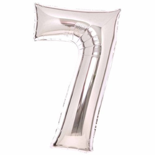 Large Silver Foil Balloon in the shape of number 7, 53cm wide by 89cm high, perfect for celebrations and milestones.