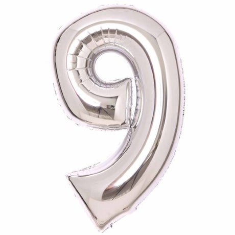 Large silver foil balloon shaped like the number 9, measuring 57cm wide and 91cm high, perfect for celebrations.