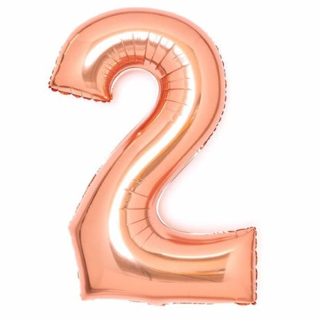 Large rose gold foil balloon shaped like the number 2, measuring 55cm wide and 86cm high, ideal for celebrations.