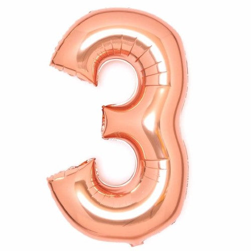 Large rose gold foil balloon shaped like the number 3, measuring 53cm wide by 87cm high, perfect for celebrations.