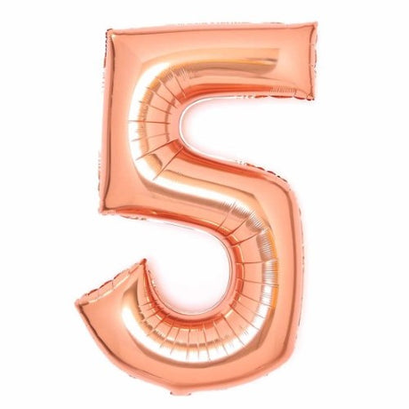 Large rose gold foil balloon in the shape of the number 5, measuring 56cm wide and 89cm high, perfect for celebrations.