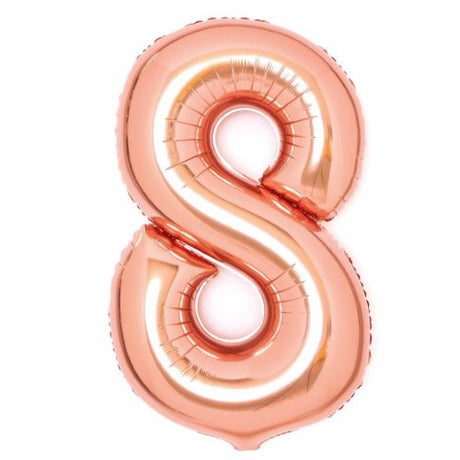 Large rose gold foil number 8 balloon, 54cm wide and 87cm high, perfect for birthdays and celebratory events.