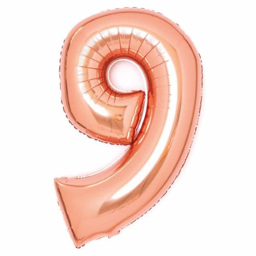 Large rose gold foil balloon shaped like the number 9, measuring 57cm wide and 91cm high, ideal for celebrations.