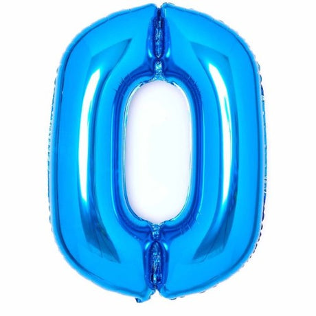 Large blue foil number 0 balloon, 64cm wide x 90cm high, ideal for birthdays and celebrations, easy to inflate.