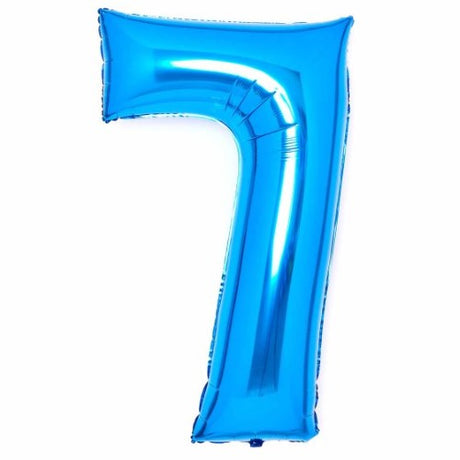 Large blue foil balloon number 7, 53cm wide and 89cm high, perfect for celebrations and eye-catching decor.