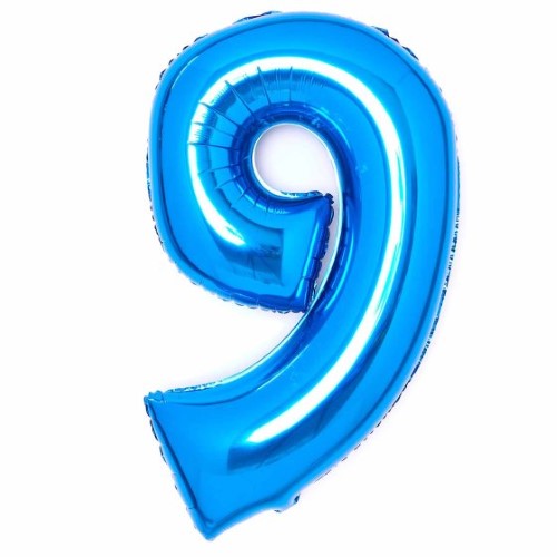 Large blue foil number 9 balloon, 57cm wide by 91cm high, perfect for birthdays and celebrations.