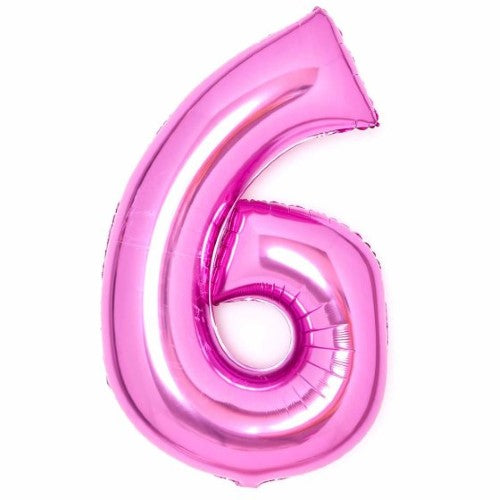 Large pink foil balloon shaped like the number 6, measuring 56cm wide and 92cm high, perfect for celebrations.