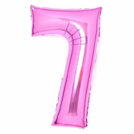 Large pink foil balloon in the shape of the number 7, measuring 53cm wide by 89cm high, perfect for celebrations.