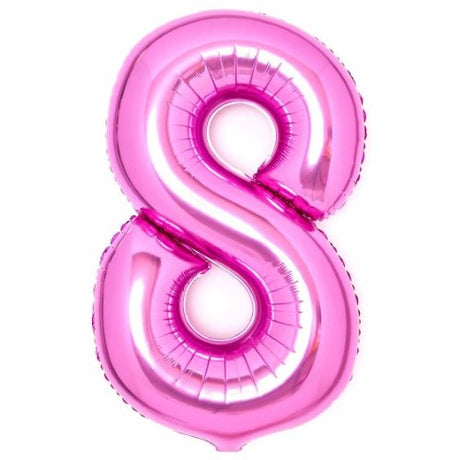 Large pink foil balloon shaped like the number 8, measuring 54cm wide and 87cm high, perfect for celebrations.