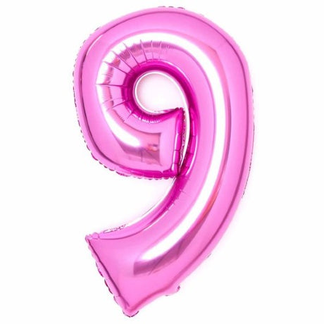 Large pink foil balloon in the shape of the number 9, measuring 57cm wide and 91cm high, perfect for celebrations.