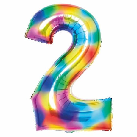 Large rainbow foil balloon in the shape of the number 2, vibrant and self-sealing, perfect for celebrations and decorations.