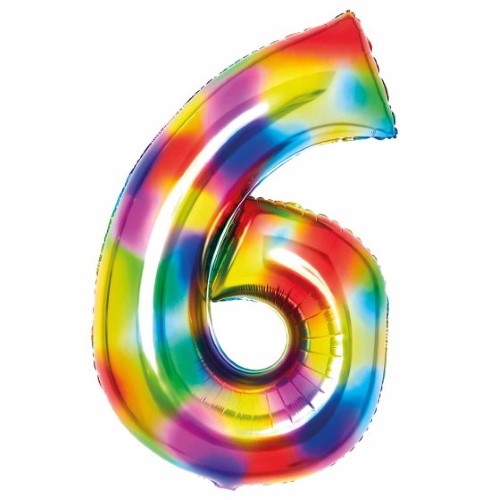 Large rainbow foil balloon shaped like the number 6, vibrant colors, 56cm wide, 92cm high, perfect for celebrations.