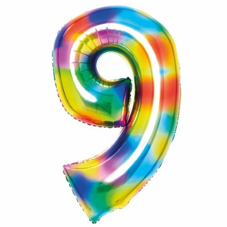 Large Number 9 Bright Rainbow Foil Balloon, 57cm x 91cm, vibrant and colorful for festive celebrations and milestones.