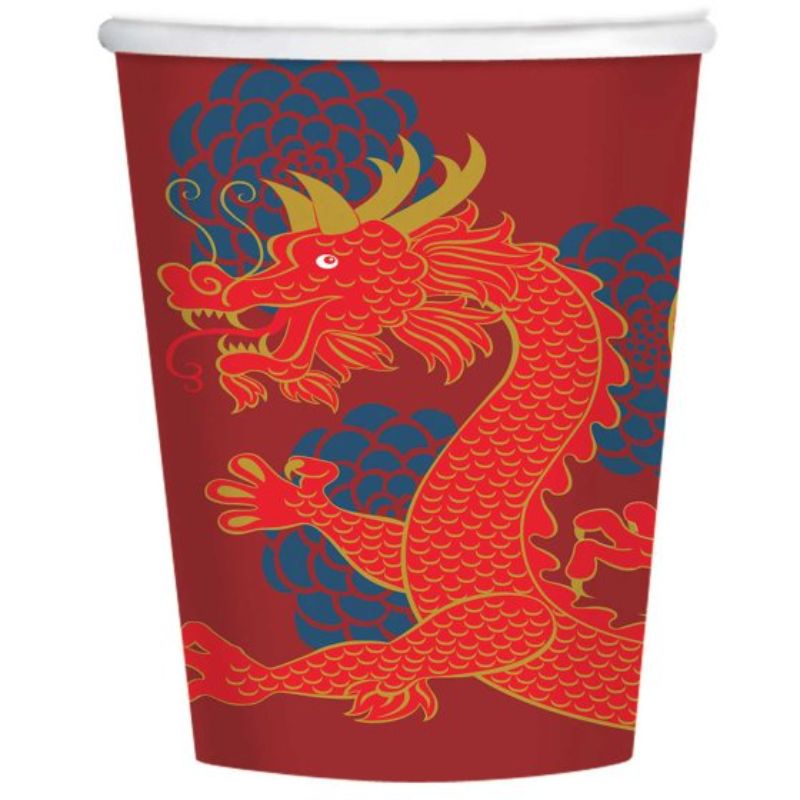 Set of 8 vibrant paper cups for Chinese New Year, featuring hot stamped designs, eco-friendly, ideal for hot and cold beverages.