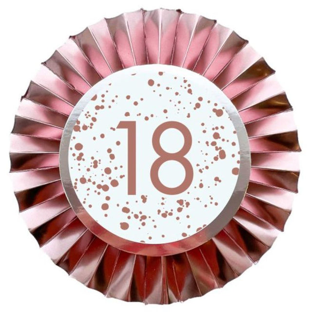 Rose Gold 18 Rosette featuring a shimmering rose gold finish, ideal for elegant event decor and photo backdrops.