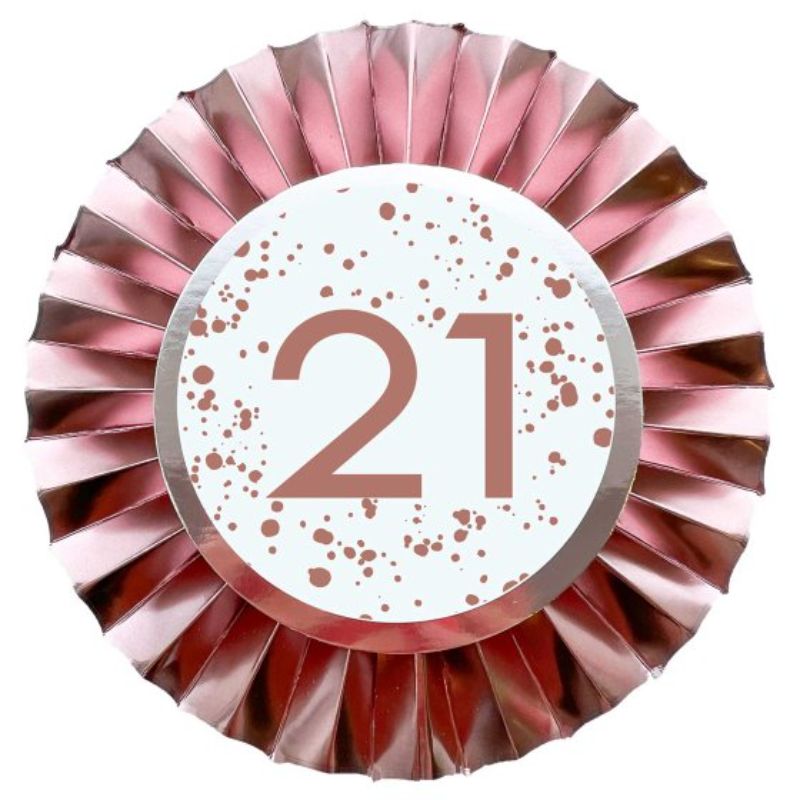 Rose Gold 21 Rosette, a 12cm foil decoration perfect for 21st birthdays or milestones, adding elegant flair to celebrations.