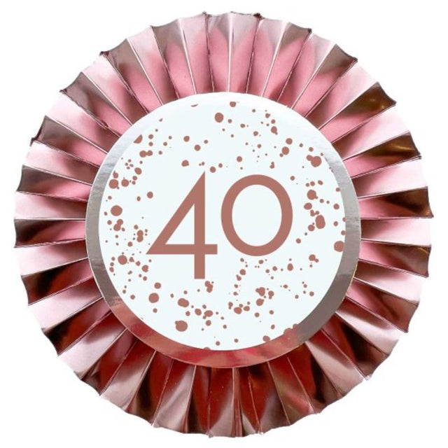 Rose Gold 40 Rosette, 12cm foil cardboard decoration, perfect for elegant celebrations and memorable photo booths.