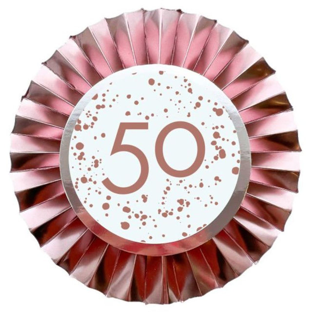 Elegant rose gold 50 rosette decoration made from durable foil cardboard, perfect for milestone celebrations and photo opportunities.