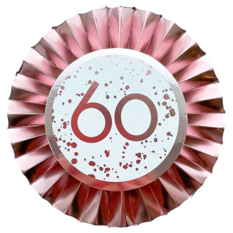 Rose Gold 60 Rosette, a 12cm foil decoration, perfect for adding elegance to celebrations and events.