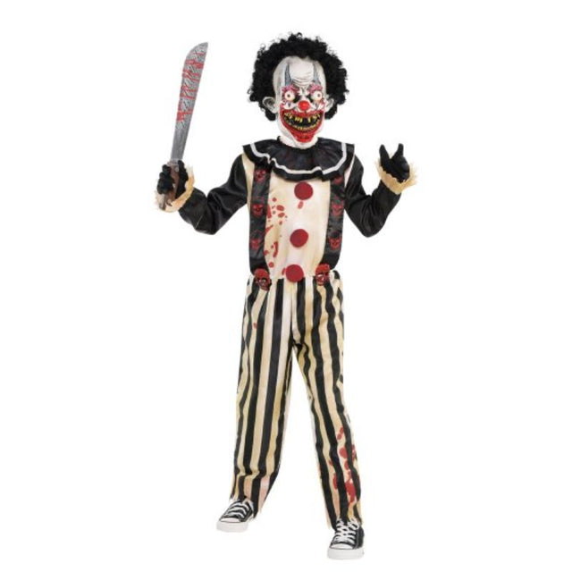 Costume Slasher Clown for boys 6-8, featuring a jumpsuit with collar and a foam mask with hair for Halloween fun.