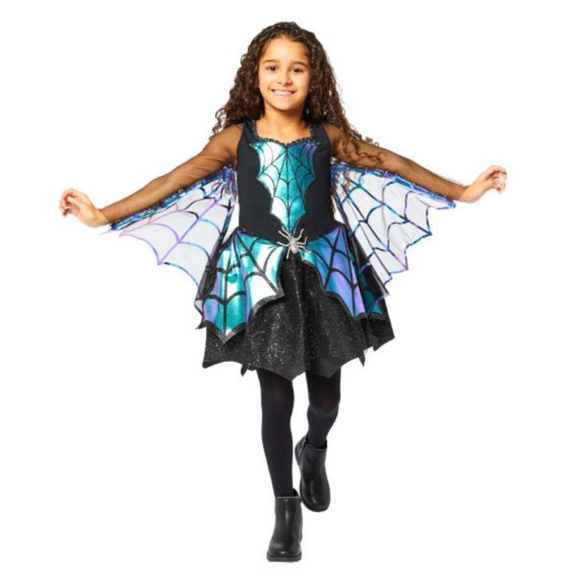 Costume Spider Girl for ages 12-14, featuring vibrant colors, spider motifs, and attached wings for imaginative play.