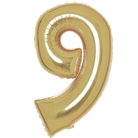 Large white gold foil balloon in the shape of the number 9, 57cm wide and 91cm high, perfect for celebrations.