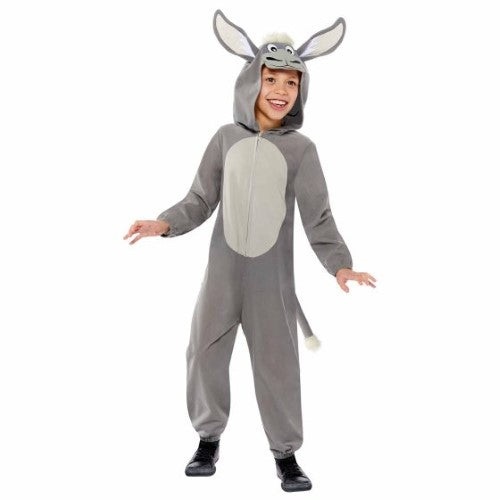 Soft nativity donkey costume for kids aged 3-4, featuring a jumpsuit, hood, and tail for festive play and celebrations.