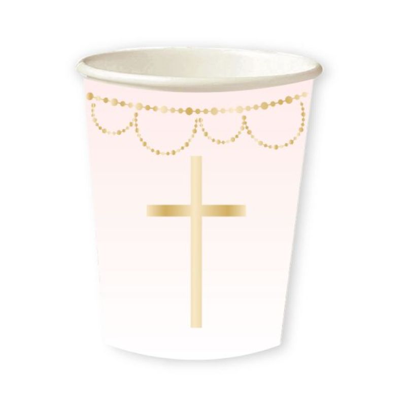 Set of 8 eco-friendly pink paper cups featuring a charming botanical print, perfect for elegant celebrations and easy disposal.