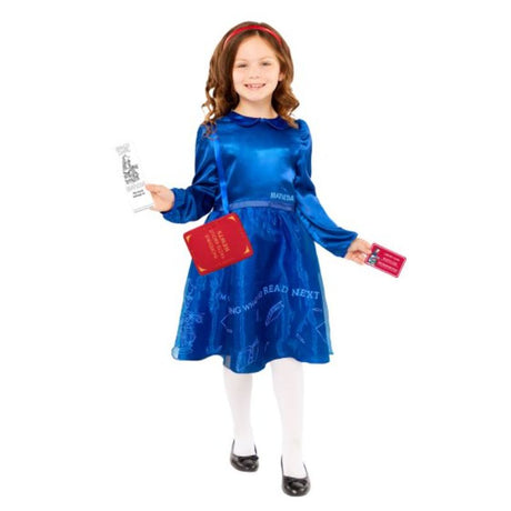 Costume for girls aged 4-6 featuring a dress, headband, bag, library card, and bookmark inspired by Matilda.