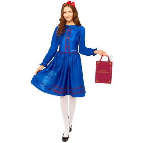 Costume for women size 10-12 featuring a dress, headband, bookbag, and whimsical design inspired by Matilda.