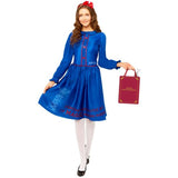 Costume featuring Matilda's signature dress, headband, bookbag, and bookmark for fans aged 12-14.