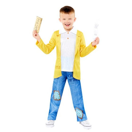 Boys' Charlie & The Chocolate Factory costume with mock jacket, trousers, golden ticket, and bookmark for imaginative play.