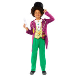 Costume for boys 4-6, featuring a vibrant mock jacket, trousers, hat, chocolate bar prop, and bookmark for imaginative play.